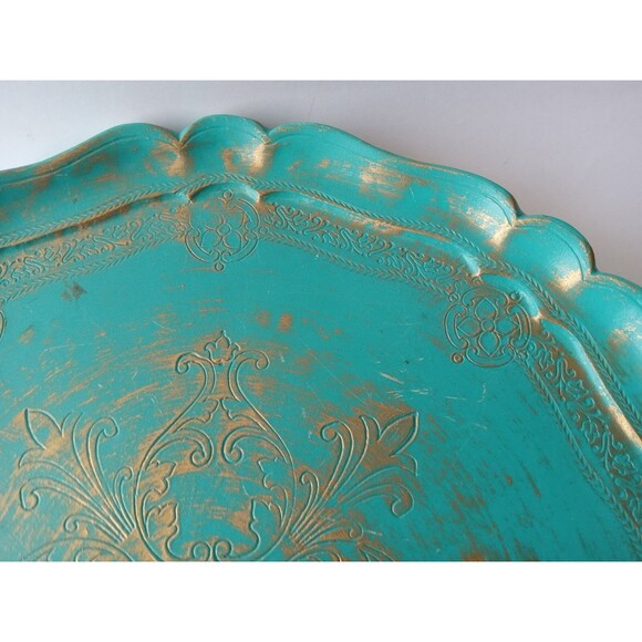 VTG Galway Inc. Etched Wood 13.5" Turquiose & Gold Decorative Plate Tray - Picture 11 of 16